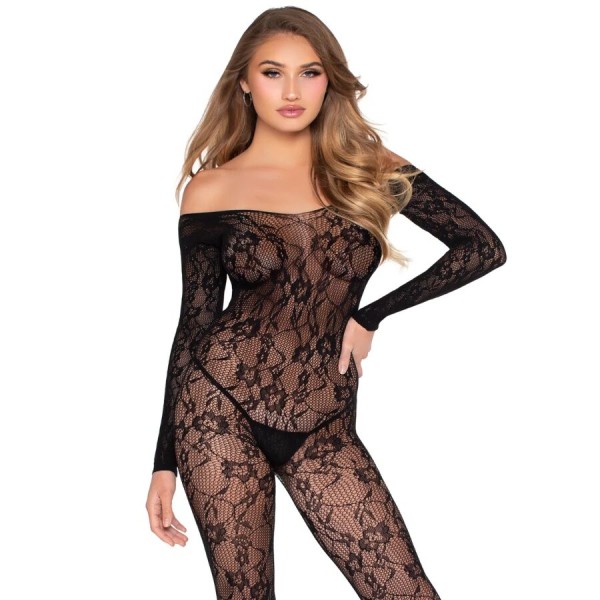 LEG AVENUE 89366 BODYSTOCKING DE LENCERIA DE ENCAJE NEGRO TALLA UNICA
