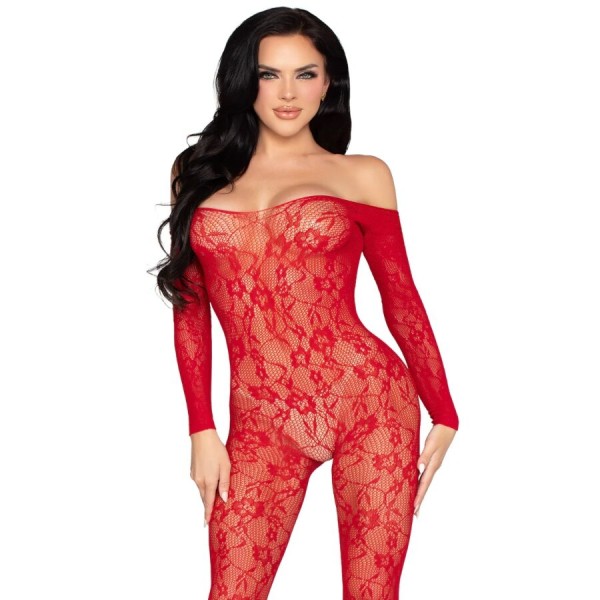 LEG AVENUE 89366 BODYSTOCKING DE LENCERIA DE ENCAJE ROJO TALLA UNICA