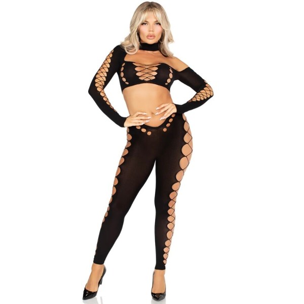LEG AVENUE CROP TOP Y LEGGINGS CUT OUT SIN COSTURAS NEGRO