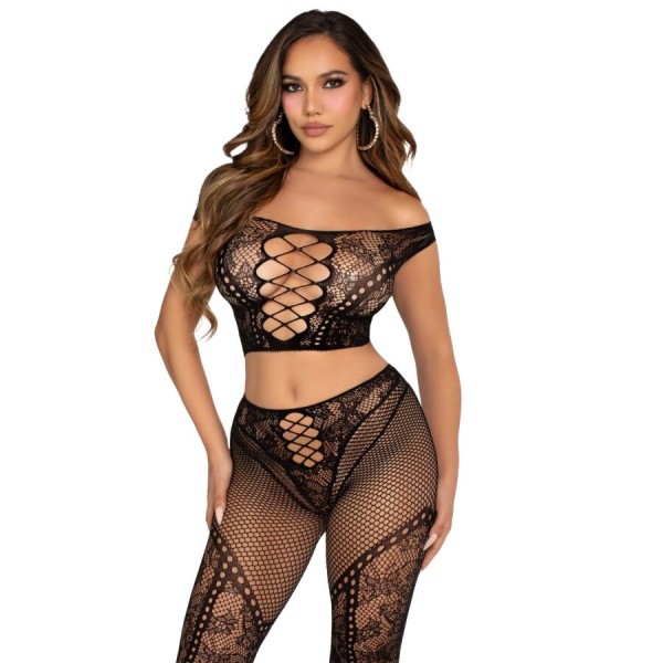 LEG AVENUE CROP TOP Y LEGGING DE REJILLA CON HOMBROS DESCUBIERTOS NEGRO