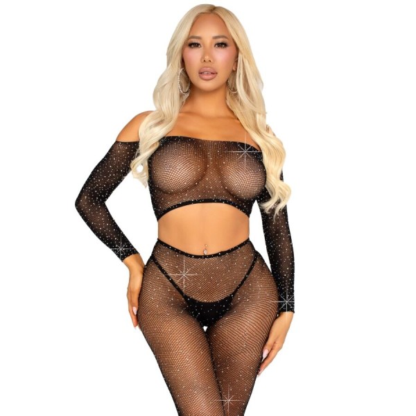 LEG AVENUE CROP TOP Y LEGGING DE REJILLA CON PEDRERIA NEGRO