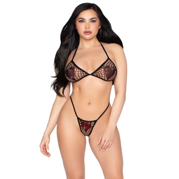 LEG AVENUE 86147 TOP DE BRA DE RED Y PANTY G STRING NEGRO TALLA UNICA