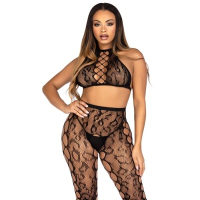 LEG AVENUE 89372 CROP TOP Y MEDIAS SIN ENTREPIERNA NEGRO TALLA UNICA
