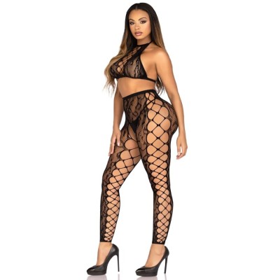 LEG AVENUE 89372 CROP TOP Y MEDIAS SIN ENTREPIERNA NEGRO TALLA UNICA