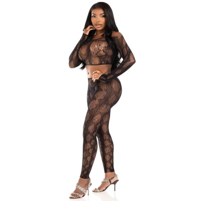 LEG AVENUE 89373 CROP TOP Y MEDIAS SIN PIE DE PITON NEGRO TALLA UNICA