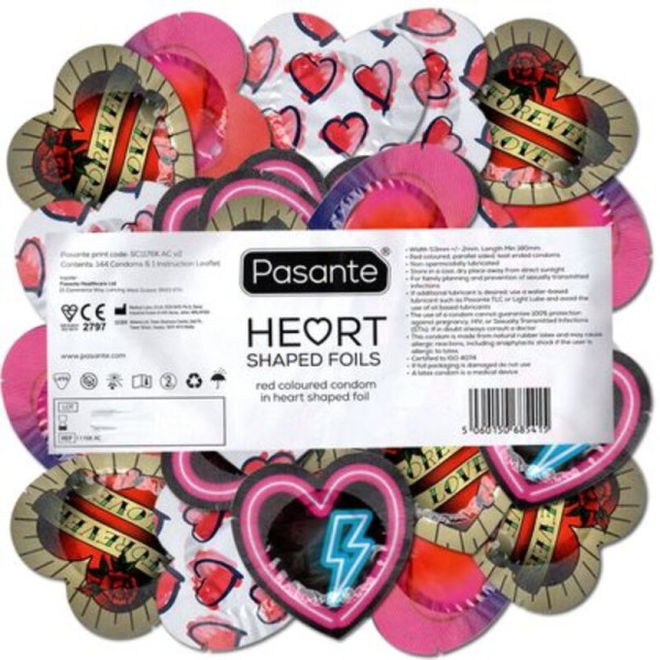 PASANTE PRESERVATIVO ROJO FORMA CORAZON BOLSA 144 UNIDADES