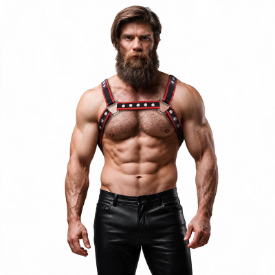 FETISH SUBMISSIVE ATTITUDE ARNES BULLDOG ECOPIEL PECHO HOMBRE NEGRO ROJO