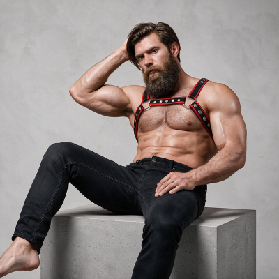FETISH SUBMISSIVE ATTITUDE ARNES BULLDOG ECOPIEL PECHO HOMBRE NEGRO ROJO