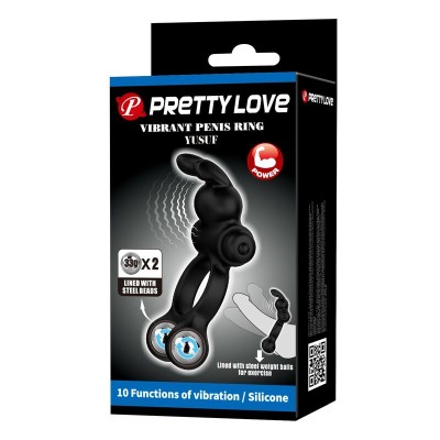 PRETTY LOVE ANILLO VIBRADOR PARA PENE CON ESTIMULADOR DE CONEJITO 10 FUNCIONES NEGRO