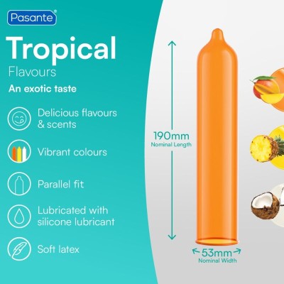 PASANTE TROPICAL PRESERVATIVOS CON SABORES MANGO PINA Y COCO 53 MM 144 UNIDADES