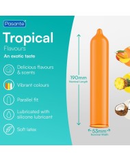 PASANTE TROPICAL PRESERVATIVOS CON SABORES MANGO PINA Y COCO 53 MM 144 UNIDADES