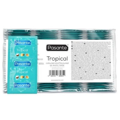 PASANTE TROPICAL PRESERVATIVOS CON SABORES MANGO PINA Y COCO 53 MM 144 UNIDADES BOLSA