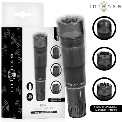 INTENSE KURT MINI MASAJEADOR CON 4 CABEZALES INTERCAMBIABLES NEGRO