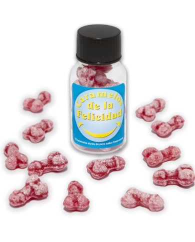 DIABLO PICANTE BOTE 12 CARAMELOS DE LA FELICIDAD FORMA PENE FRESA CEREZA
