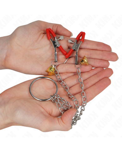 KINK PINZAS PARA PEZONES Y CLITORIS ROJAS CON CASCABEL DORADO Y CADENA 30 CM KINK PINZAS PARA PEZONES Y CLITORIS ROJAS CON CASCABEL DORADO Y CADENA 30 CM