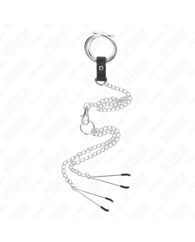 KINK ANILLO PENE TRIPLE METAL CROMADO 3 CM A 45 CM CON CADENA METAL 26 CM Y PINZAS PARA PEZONES