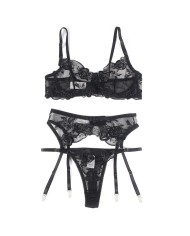 SUBBLIME SET DE 3 PIEZAS SUJETADOR TANGA LIGA ESTAMPADO FLORAL NEGRO S M