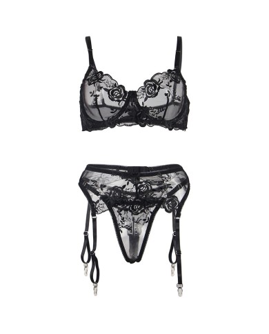 SUBBLIME SET DE 3 PIEZAS SUJETADOR TANGA LIGA ESTAMPADO FLORAL NEGRO S M SUBBLIME SET DE 3 PIEZAS SUJETADOR TANGA LIGA ESTAMPADO FLORAL NEGRO S M