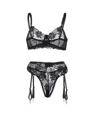 SUBBLIME SET DE 3 PIEZAS SUJETADOR TANGA LIGA ESTAMPADO FLORAL NEGRO S M