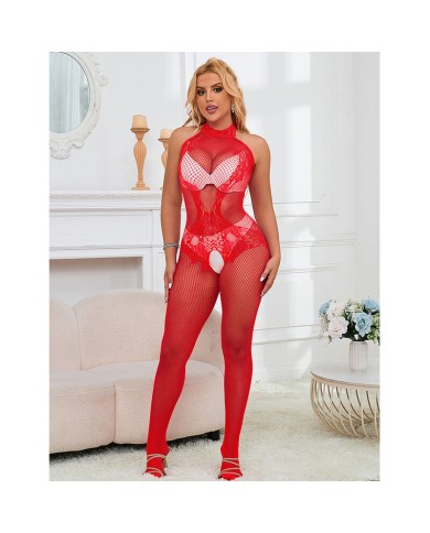 SUBBLIME 952372 BODYSTOCKING CROTCHLESS DE REJILLA Y ENCAJE CON CUELLO ALTO ROJO TALLA UNICA SUBBLIME 952372 BODYSTOCKING CROTCHLESS DE REJILLA Y ENCAJE CON CUELLO ALTO ROJO TALLA UNICA