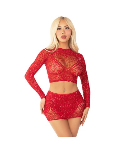 LEG AVENUE TOP FALDA DE REJILLA CON BRILLANTES ROJO LEG AVENUE TOP FALDA DE REJILLA CON BRILLANTES ROJO