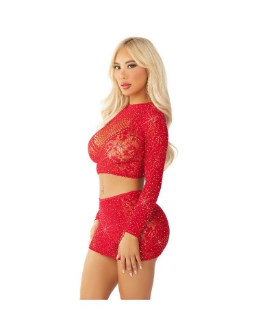 LEG AVENUE TOP FALDA DE REJILLA CON BRILLANTES ROJO LEG AVENUE TOP FALDA DE REJILLA CON BRILLANTES ROJO