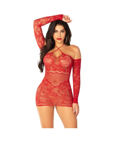 LEG AVENUE MINIVESTIDO DE REJILLA CON HOMBROS DESCUBIERTOS Y MANGA LARGA ROJO LEG AVENUE MINIVESTIDO DE REJILLA CON HOMBROS DESCUBIERTOS Y MANGA LARGA ROJO