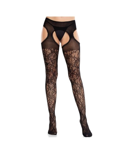LEG AVENUE MEDIAS DE ENCAJE FLORAL CON LIGAS UNIDAS NEGRO LEG AVENUE MEDIAS DE ENCAJE FLORAL CON LIGAS UNIDAS NEGRO