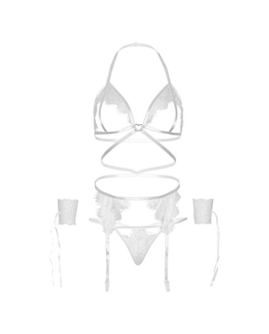 LEG AVENUE SET CUATRO PIEZAS SUJETADOR LIGUERO TANGA Y PUNOS TALLA UNICA BLANCO